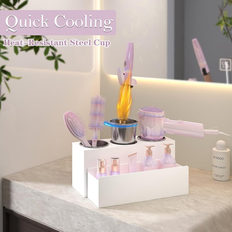 PITBVO Hair Tool Organizer, Detachable Acrylic Hair Dryer Holder for Bathroom, Hair Styling Accessories Curling Iron Hot Tools Organizer with 3 Cups, Countertop Vanity Storage (Matte White) - Image 2